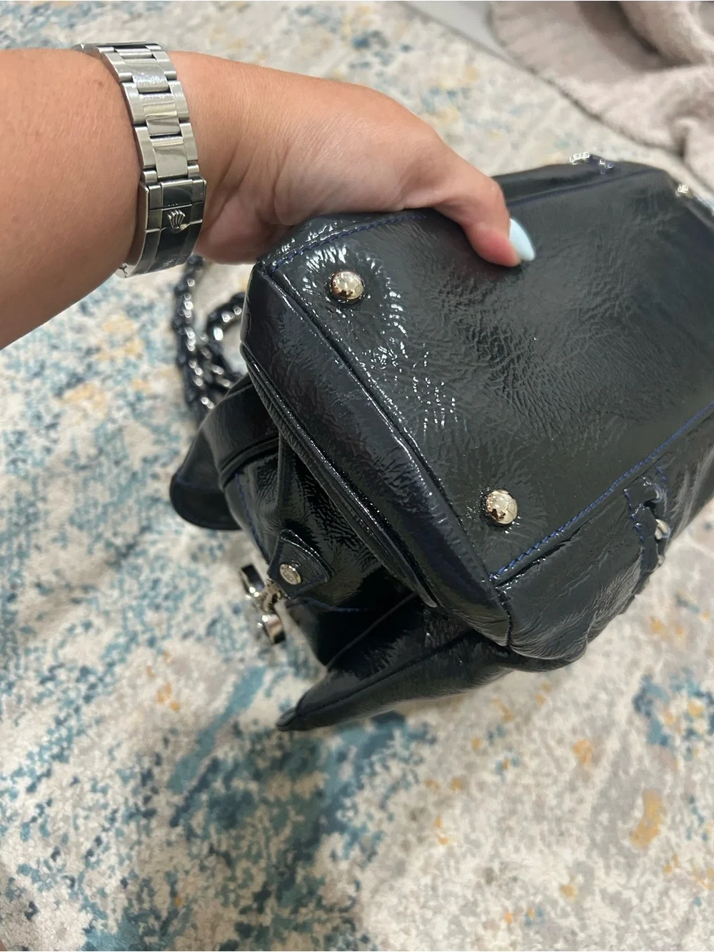 CHANEL Black Quilted Patent Leather Chain Shoulder Bag